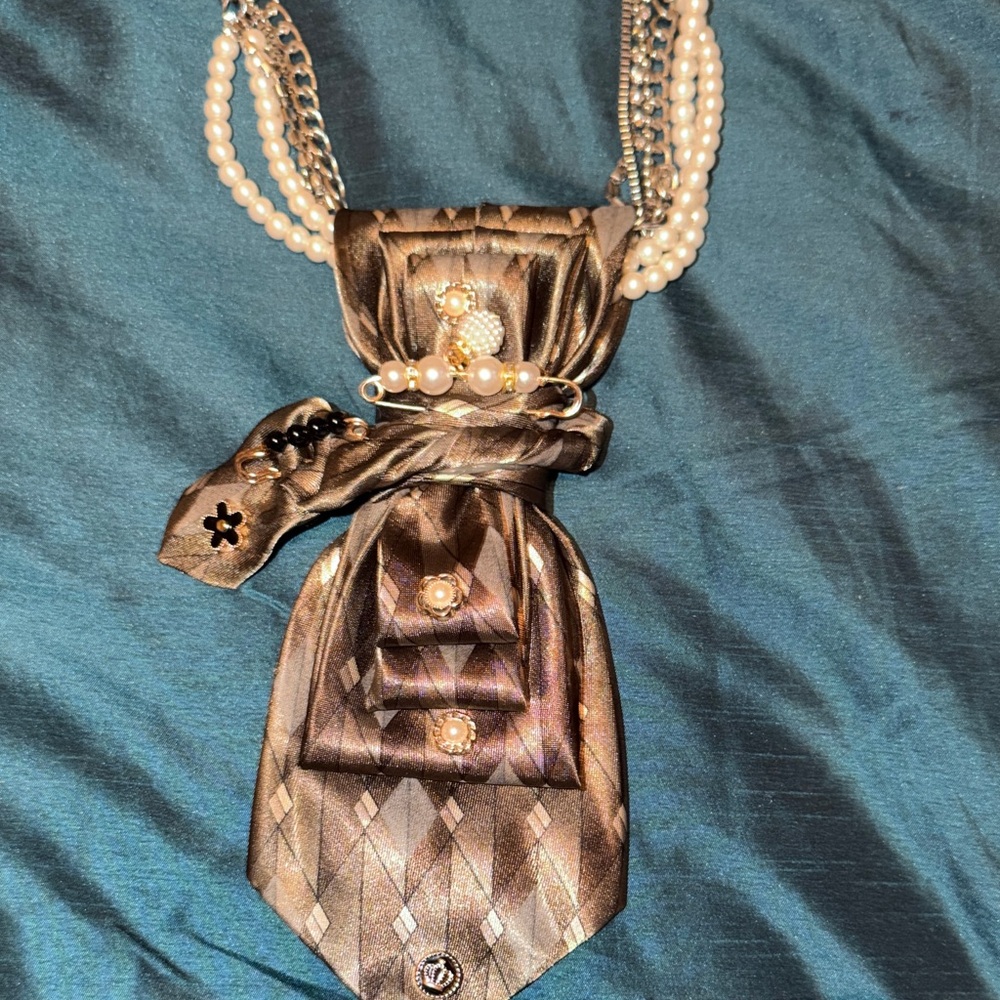 Elegant Brown Satin Scarf Tie with Pearl Accent